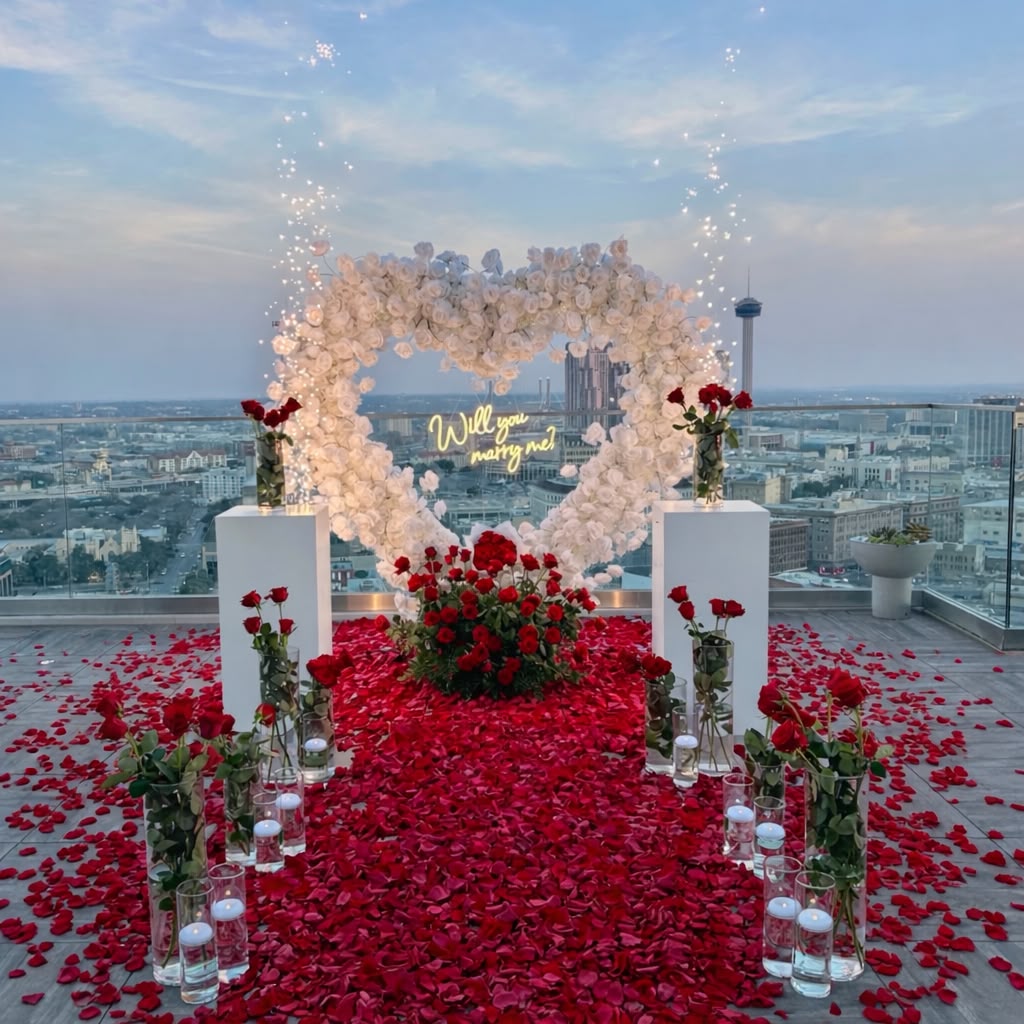 Rooftop San Antonio skyline proposal with rose heart arch and neon sign by LUX Event Design