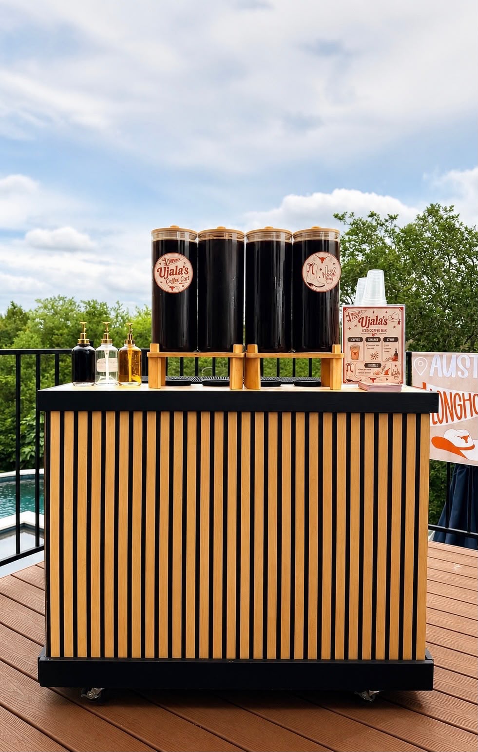 Custom Ujala's iced coffee bar cart with wood slat front by SALUXBAR